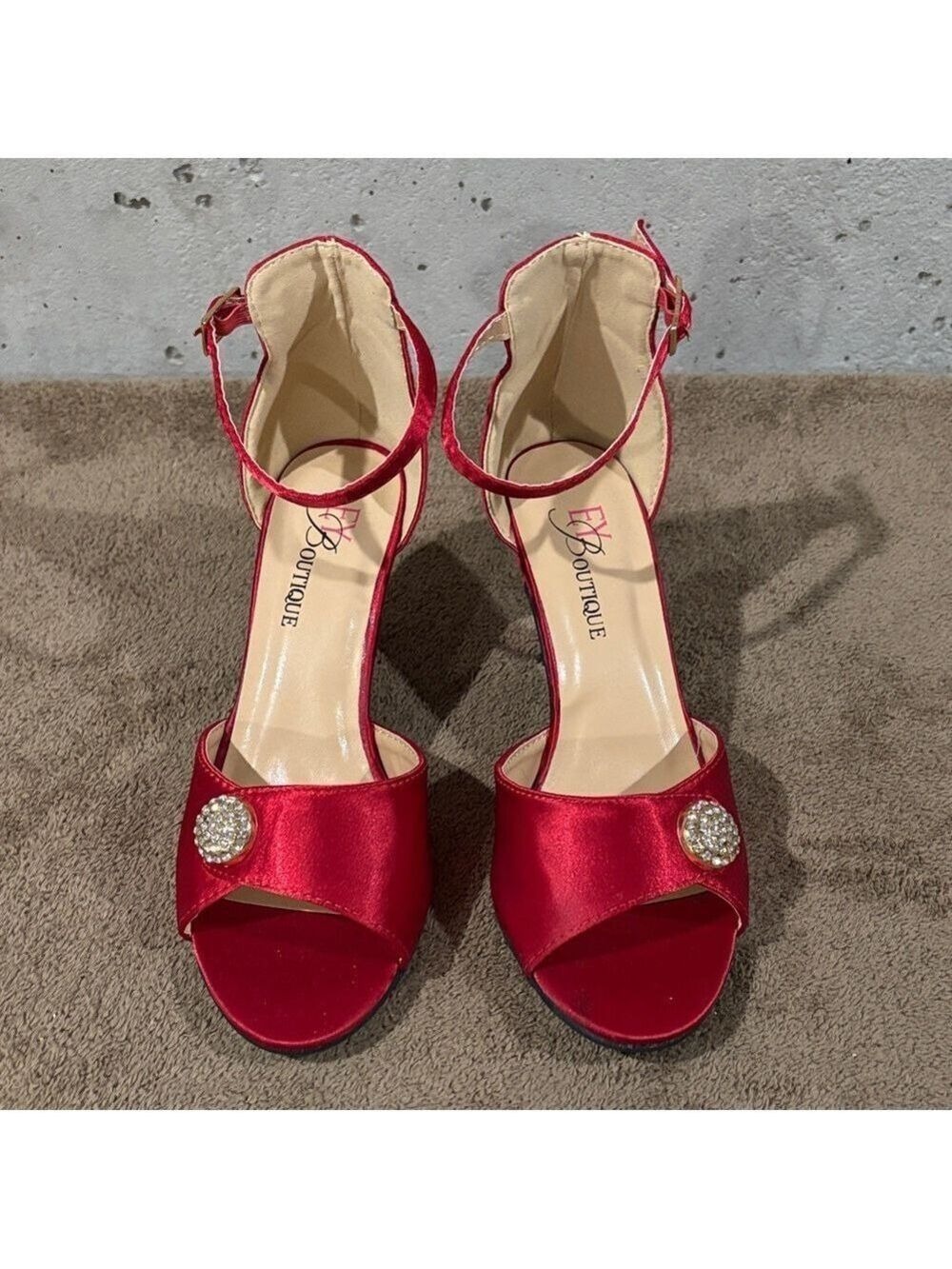 Red Satin Open-Toe Ankle Strap Heels